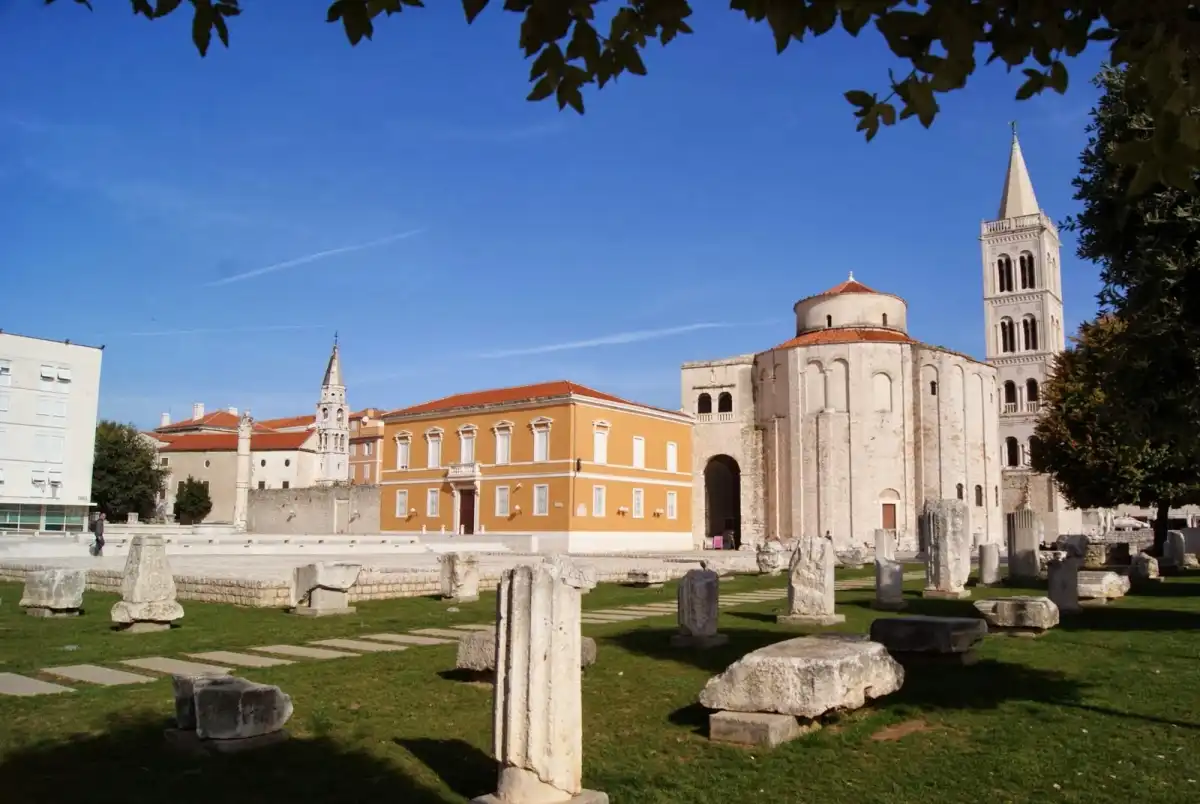 The Church of St. Donatus in Zadar, Croatia, with a group of stone pillars in the foreground