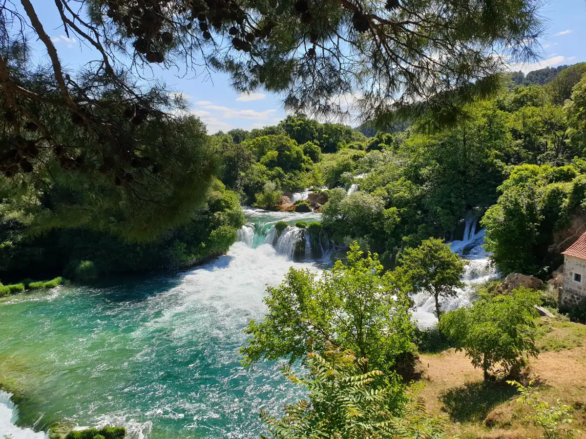 Krka river with a waterfall in the middle of it. The river is surrounded by trees and the sky is blue. The waterfall is cascading down the rocks and the water is sparkling in the sunlight